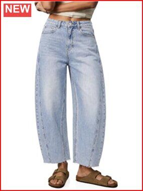 Barrel Jeans High Waisted Loose Denim Cropped Raw Hem Women's Trendy